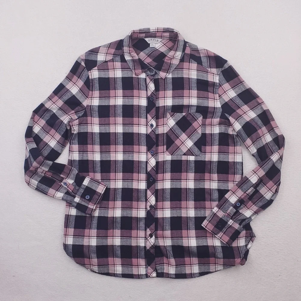 Orvis Shirt Womens Large Blue Pink Flannel Plaid Tartan Lightweight Camp Cabin